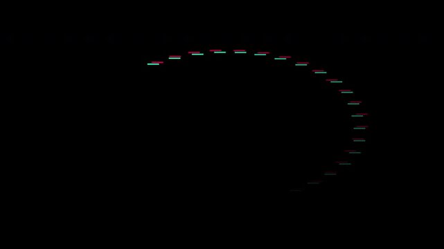 Abstract digital glitch blocks tracing circular paths with chromatic aberration on black