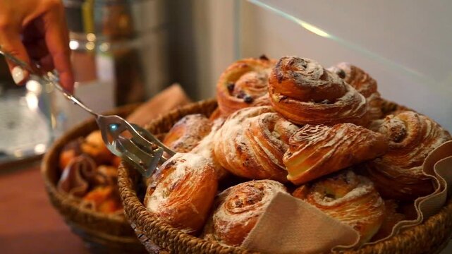 Woman hand using metal tongs to pick fresh cinnamon roll bun sprinkled with powdered sugar from a wicker basket in bakery or hotel breakfast buffet.