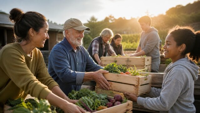Diverse community volunteers sharing fresh vegetables at an outdoor farm stand. Intergenerational cooperation, food donation, sustainable agriculture and local community support concept.