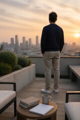 Fototapeta premium Man standing on a rooftop terrace watching the city skyline at sunset. Quiet reflection, urban lifestyle, ambition, solitude, and future planning concept with copy space.