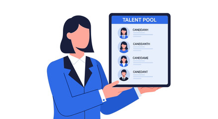 Fototapeta premium Human Resources Recruitment Concept: Businesswoman Holding Digital Tablet Displaying Talent Pool of Job Candidates for Hiring and Talent Acquisition