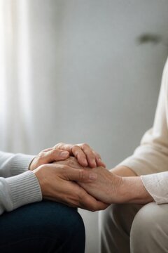 Close-up of two women holding hands in support and comfort. Compassionate care, emotional connection, elderly friendship, mental health and counseling concept.