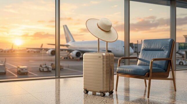 Travel suitcase and sun hat in airport terminal with airplane view at sunset
