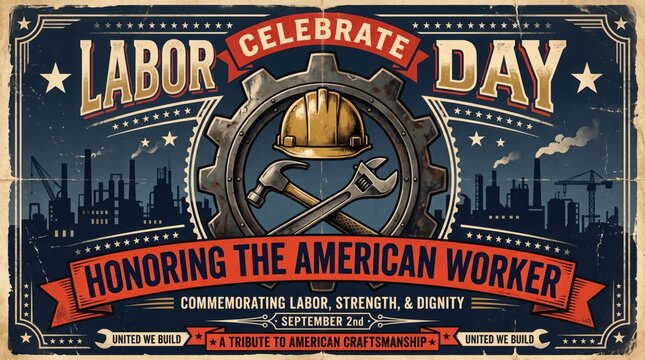Labor day celebration banner with industrial gear hard hat and tools in a vintage style