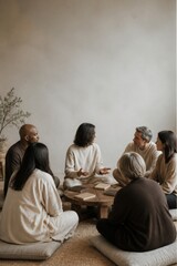 Obraz premium Diverse group of adults having a supportive discussion in a cozy circle. Community meeting, communication, mindfulness, therapy, and personal development concept with copy space.