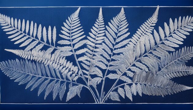 a cyanotype print of fern leaves on a rectangular blue background