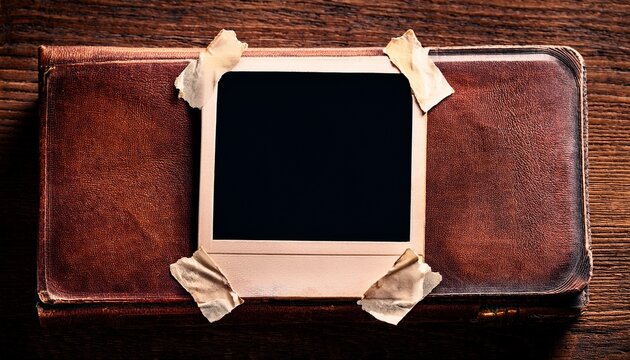 an empty vintage instant photo frame taped onto the weathered leather cover of an old antique book on a wooden surface