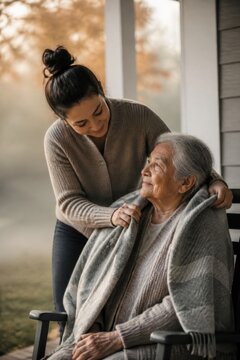 Woman caring for elderly woman in wheelchair at home. Compassionate family support, aging care, comfort, companionship, and assisted living concept. Warm autumn lifestyle scene.