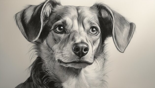 graphite drawing of a dog with expressive eyes and floppy ears looking to the right in soft light
