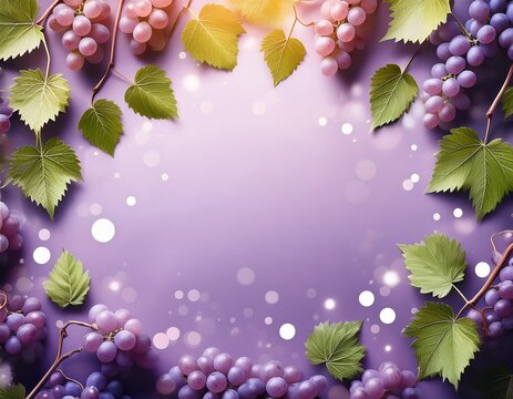 grapes and leaves frame a light purple backdrop with light spots suitable for a backdrop or border design