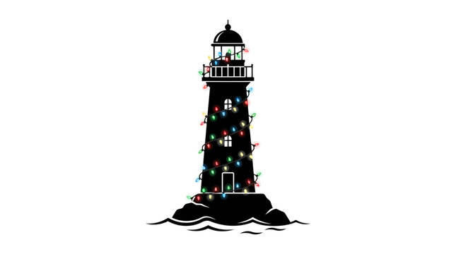 Lighthouse wrapped in colorful glowing christmas string lights in clean minimalist vector graphic art style