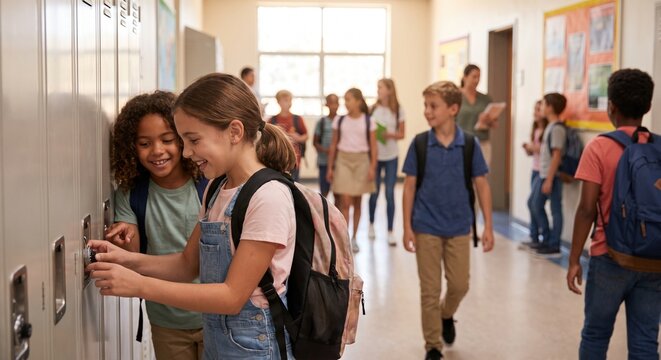Two young schoolgirls opening a metal locker in a busy school hallway filled with students walking to their classrooms during a break