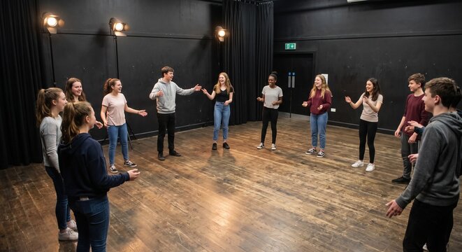 Group of teenage students participating in an acting workshop and performing creative icebreaker exercises in a black box theater rehearsal studio