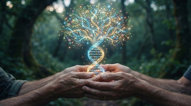 Two pairs of hands hold a glowing, intricate tree of life formed by dna double helix strands in a soft, blurred, natural forest background