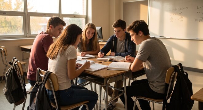 Group of high school students studying together around a classroom desk while writing in notebooks and reading textbooks to prepare for upcoming exams