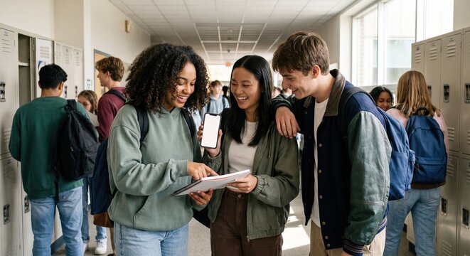 Three diverse high school students looking at a smartphone and notebook while standing in a school hallway near lockers during a class break