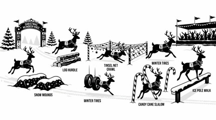 Fototapeta premium Christmas reindeer obstacle race with various winter activities and challenges vector illustration set