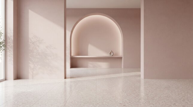 Contemporary pink interior room featuring arch wall niche and marble floor