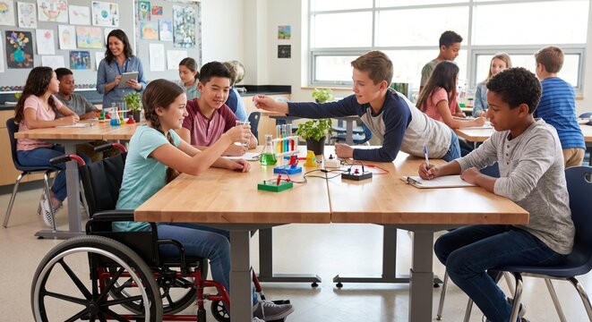 Diverse group of school children conducting science experiments in an inclusive classroom setting with a student in a wheelchair participating in STEM activities