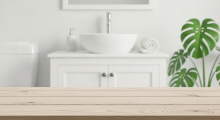 Fototapeta premium Wooden table surface in front of blurred bathroom sink with monstera plant and white decor