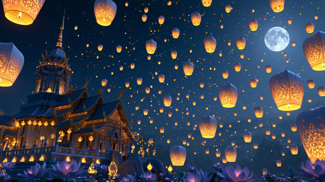 Beautiful sky lanterns floating over Thai temple during Yi Peng
