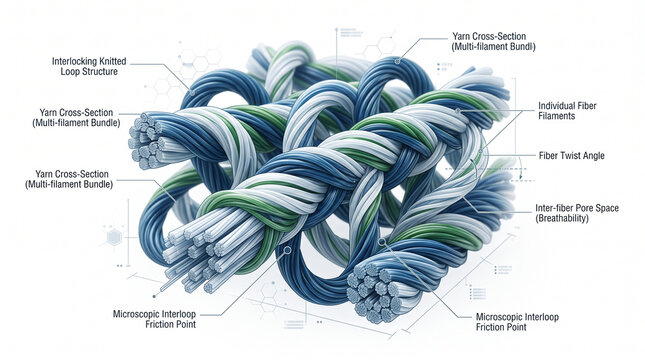 3D scientific diagram of knitted fabric fiber structure with microscopic details