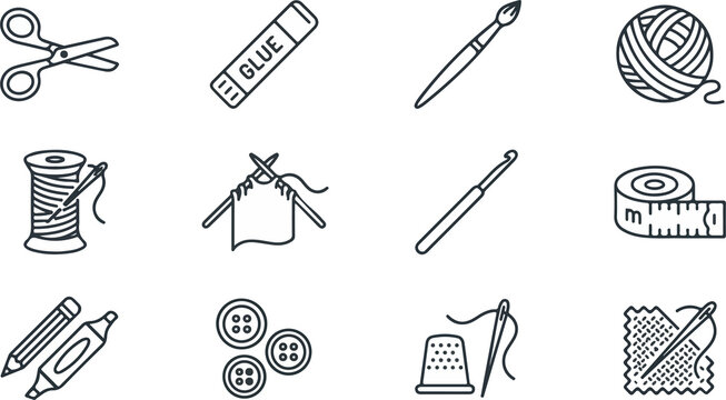 Sewing, crafting and needlework outline vector icons set