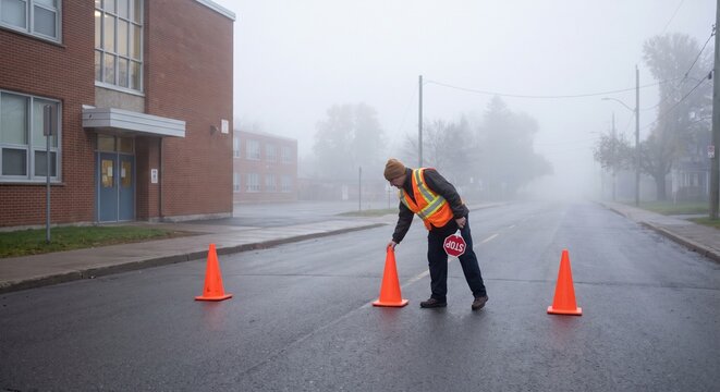 A crossing guard in a safety vest places orange traffic cones on a wet asphalt road in front of a school building on a foggy morning
