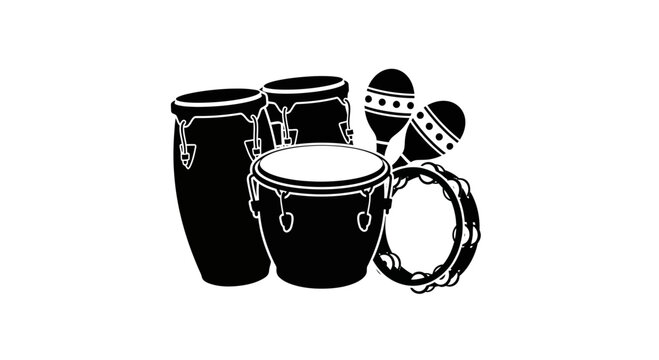 Black and white illustration of musical percussion instruments with tambourine maracas timbale graphic symbol drums bongo conga