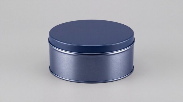 Navy blue round metal pet treat canister tin container isolated on neutral background