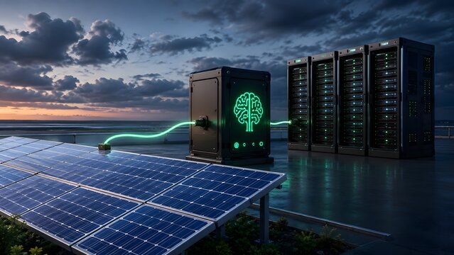Artificial intelligence data center powered by renewable solar energy showing smart power grid connection