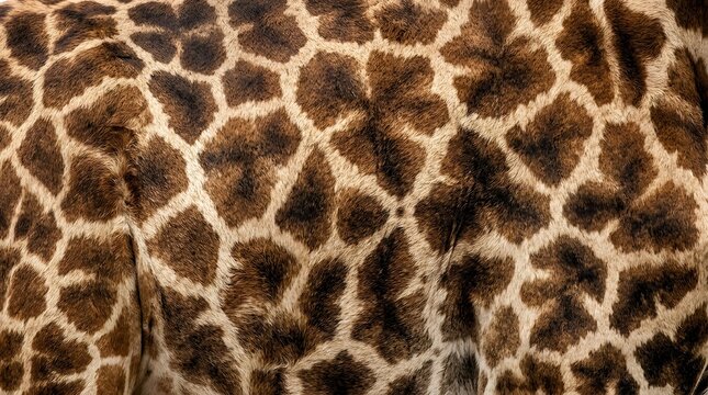 Natural giraffe fur pattern texture featuring dark brown spots and light cream fur background close up photograph of exotic wild animal skin design