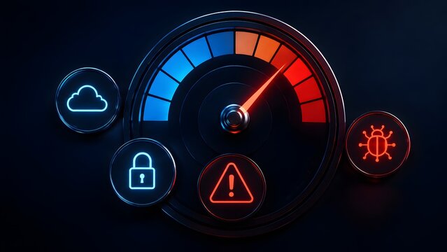 Cyber security threat level concept displaying glowing dashboard gauge in red zone with warning, bug and cloud protection icons