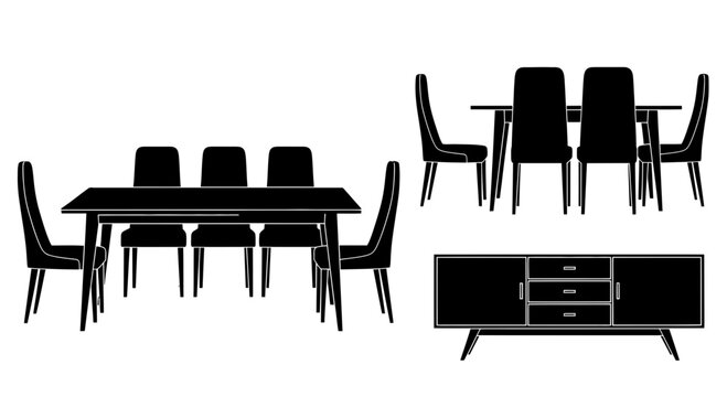 Black silhouettes of dining table sets with dining tables chairs furniture sideboard interior cabinet drawer modern decor icon room