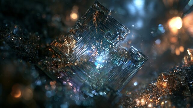 Macro bismuth crystal rainbow oxidation layers geometric staircase