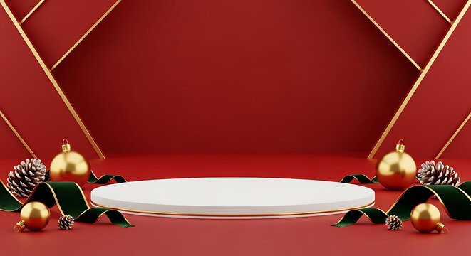 Christmas product display podium with gold ornaments and red background for holiday sales