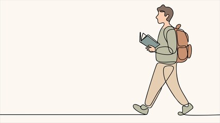 Back to School Concept, Student Walking with Backpack and Book, Education, Reading, Learning and Academic Lifestyle Illustration