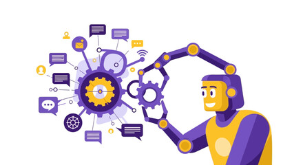 Naklejka premium AI Robot Automating Business Processes and Digital Communication - Modern Vector Illustration of Robotic Arm with Gears and Chat Icons for Technology and Innovation