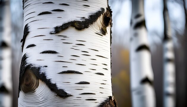 a close up of a white birch tree trunk with black markings