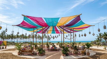Obraz premium Colorful canopy tent setup for a beach event with hanging lanterns