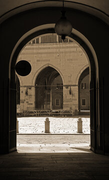 internal courtyard (also called Piazzetta Pescheria) of the famous Gothic Palace of Piacenza, located in the heart of the city in Piazza Cavalli piacenza italy