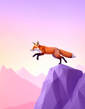 a fox jumping over a mountain with a pink sky in the background