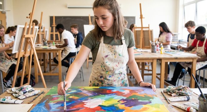 A teenage girl painting a colorful canvas during an art class with other students working at easels in a school studio