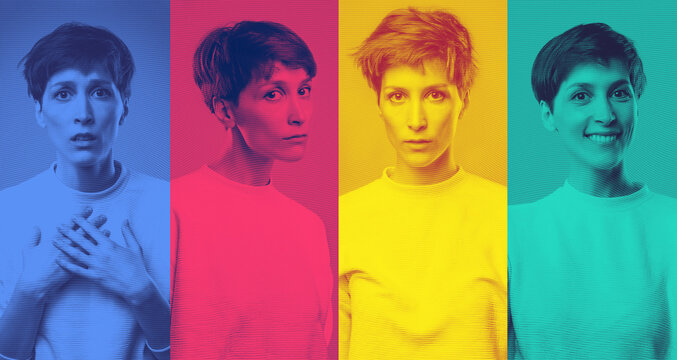 Different emotions collage. Set of young emotional woman. Female different emotions. Facial expressions concept. Trendy color. Female portraits of caucasian model at studio