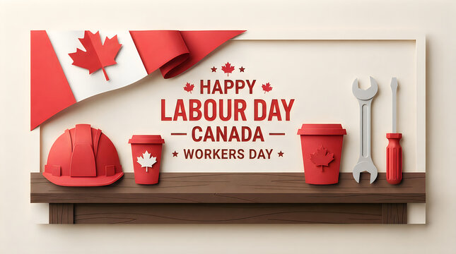 Happy labour day canada celebration banner with construction tools and canadian flag background