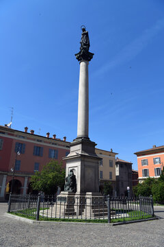 Monument to the Immaculate Conception (or Column of the Virgin Mary) located in the center of Piazza Duomo in Piacenza Italy