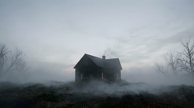 Abandoned wooden cabin surrounded by thick ground fog under a cloudy sky
