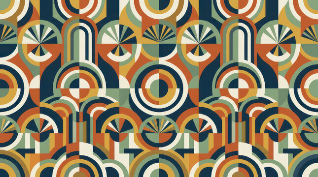 Retro geometric pattern with circles and arches in warm colors.