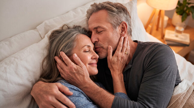 Mature couple embracing tenderly in bed, sharing a loving moment