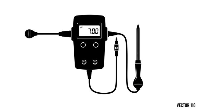 Digital ph meter with electrodes and cables on white background with screen displaying connected two electrodes black digital illustration with 00 pH